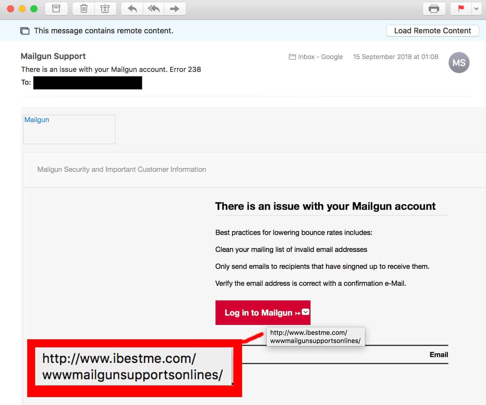 This email was supposed to come from Mailgun.com, yet the web link would take us to an unrelated domain (Source: Iron Bastion)