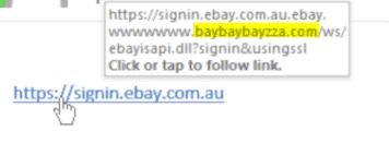 A deceptive web link made to look like an eBay login page. The true domain name is highlighted. (Source: Iron Bastion)