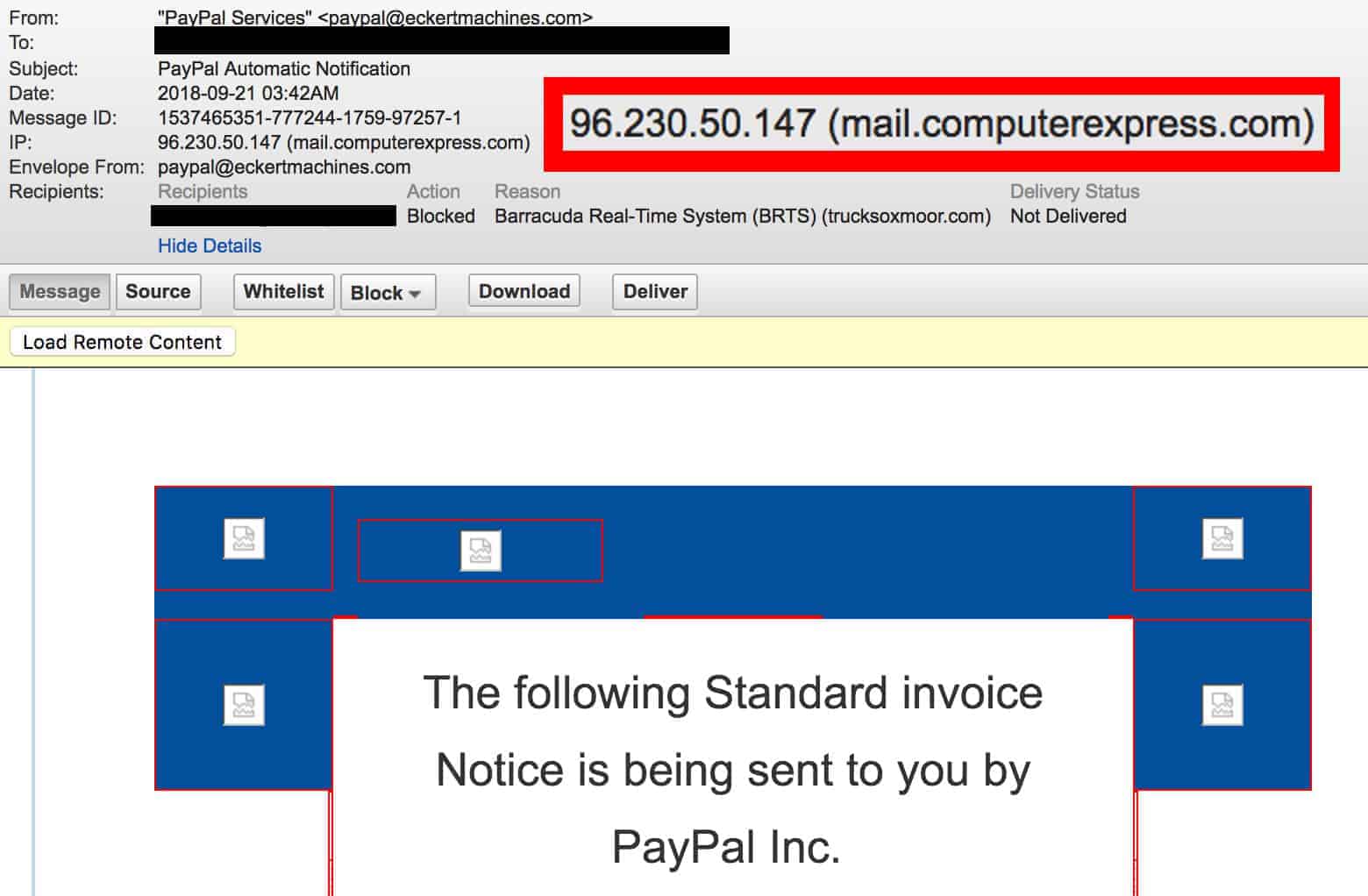 This fake PayPal notification was sent through an unrelated SMTP server and features the display name spoofing technique (Source: Iron Bastion)