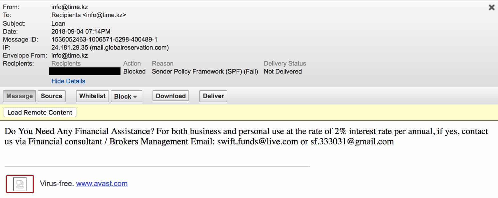 The domain 'time.kz' does not designate 'mail.globalreservation.com' as a permitted sender (Source: Iron Bastion)